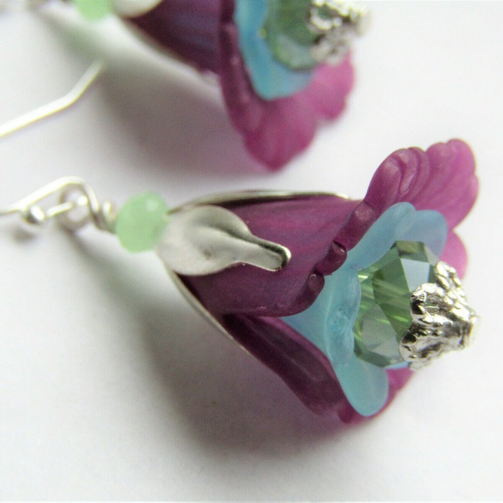 FLOWER Earrings Purple Blue Dangle Lucite